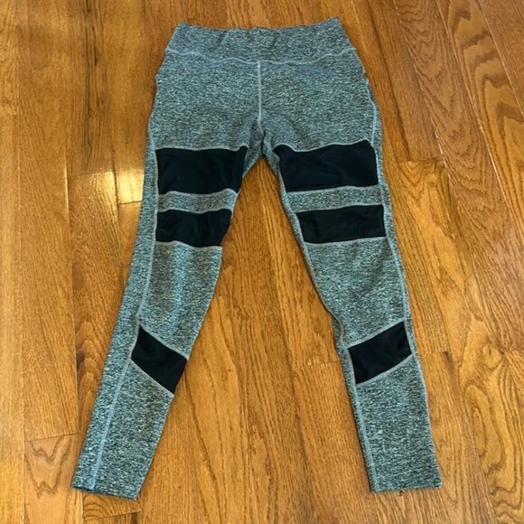 POPFOT WOMEN LEGGINGS ACTIVEWEAR GRAY WITH BLACK MESH STRIPES SIZE MEDIUM - Picture 1 of 8
